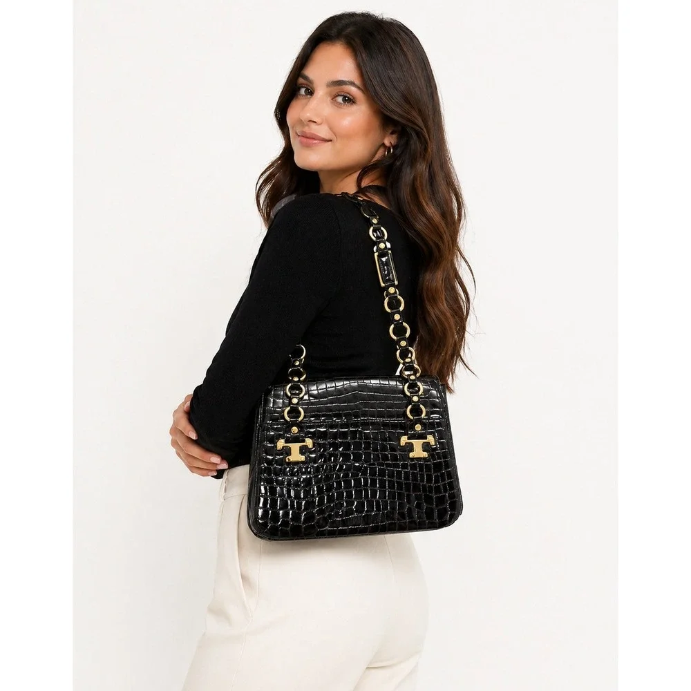 Tory Burch Retired Brown Croc Embossed Patent Leather Shoulder Bag Gold‎ Chain
